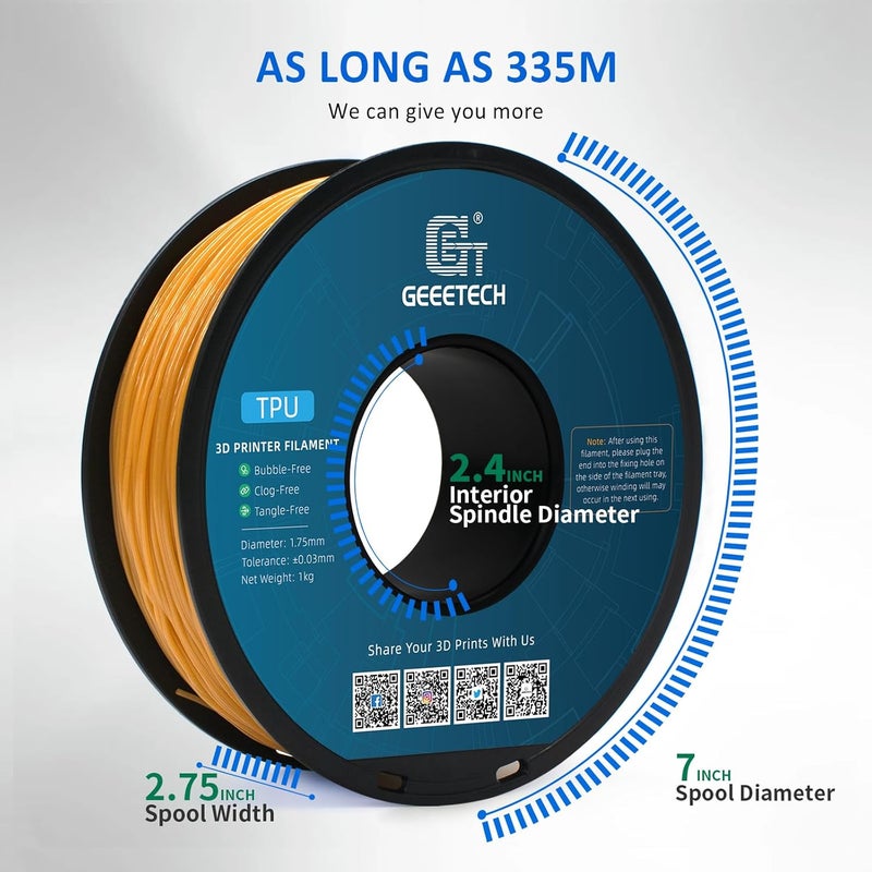 Geeetech TPU Filament 1.75mm, Shore 95A – Flexible 3D Printer Filament with High Elasticity, 1KG (2.2lbs) Spool, Dimensional Accuracy ±0.03mm, Fits Most FDM Printers (Gold) - Image 5